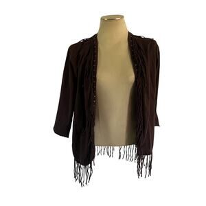 Vtg Y2K 2000s Brown Fringe Cardigan Top Sz L Rodeo Western